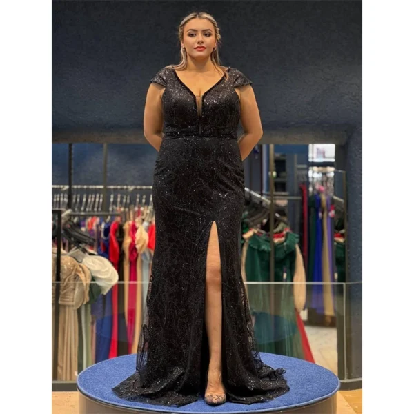 Black Sequined V-Neck Gown with Thigh-High Slit