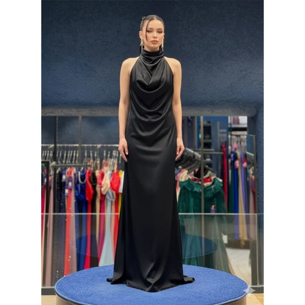 Midnight Black Satin Cowl-Neck Gown with Floor-Length Cape