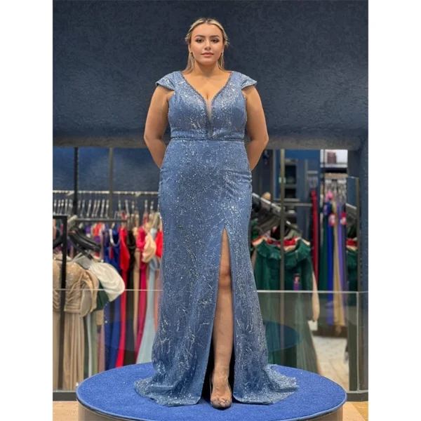 Celestial Blue Sequined V-Neck Gown with Thigh-High Slit