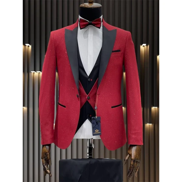 Crimson Red & Black Three-Piece Shimmer Tuxedo Suit