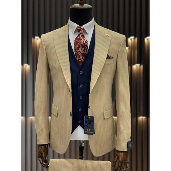 Beige Gold Pinstripe Three-Piece Suit