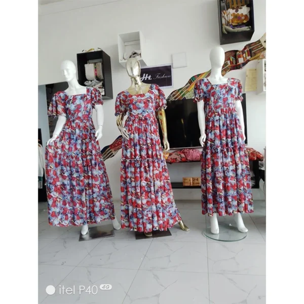 Romantic Red & Blue Floral Tiered Maxi Dress