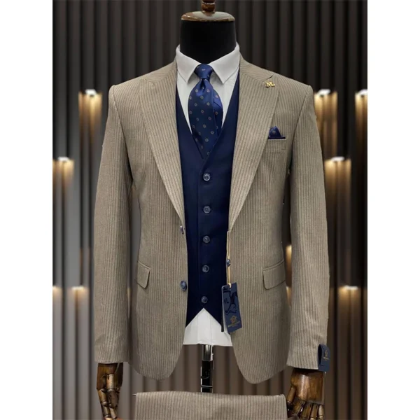 Ivory Beige Pinstripe Three-Piece Suit