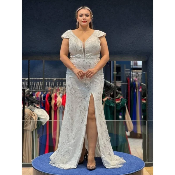 Ivory & Silver Sequined V-Neck Gown with Thigh-High Slit