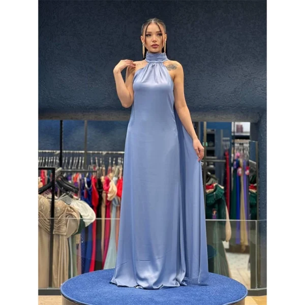 Lavender Satin High-Neck Gown with Floor-Length Cape