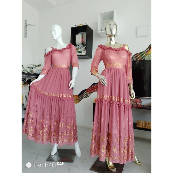 Rose Mauve Maxi Dress with Gold Filigree Embroidery